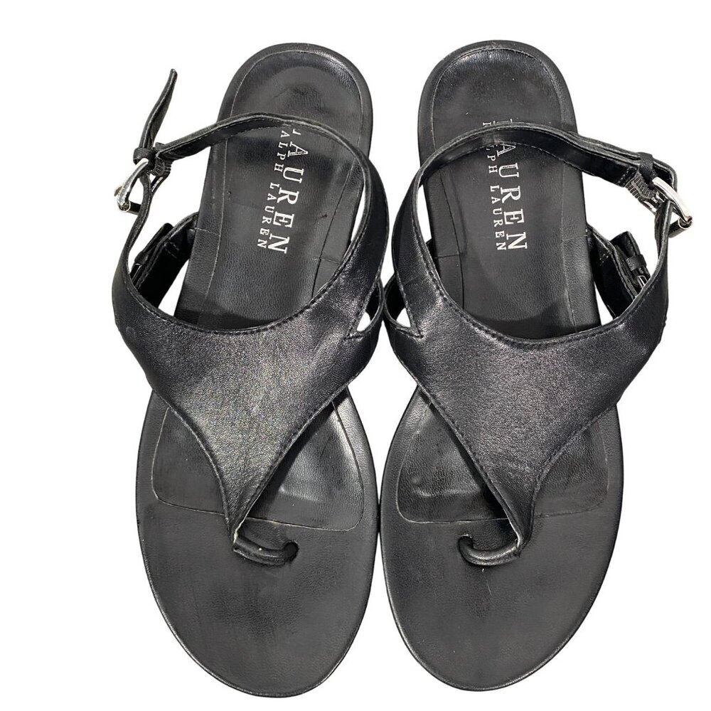 Lauren Ralph Lauren Black Leather Thong Sandals Womens Buckle Strap size 7